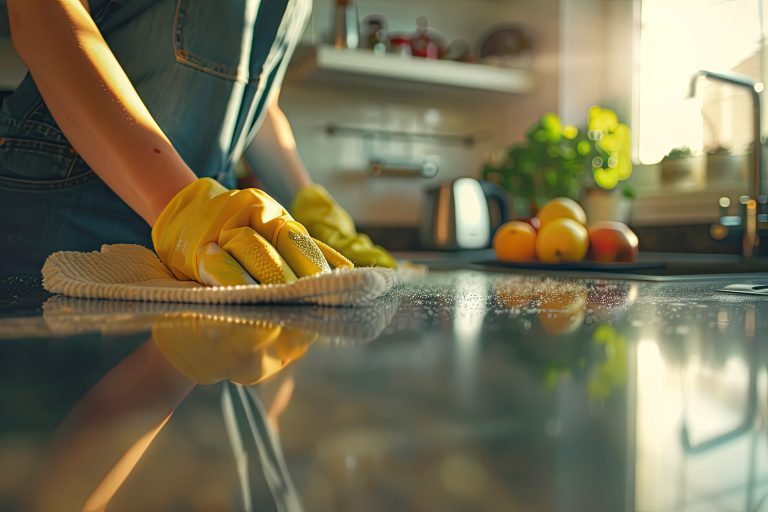 midsection-woman-cleaning-kitchen-counter-home